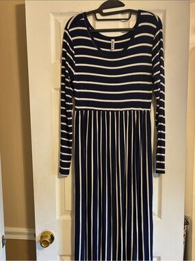 Navy and White Striped Maxi Dress - Classic Long Sleeve